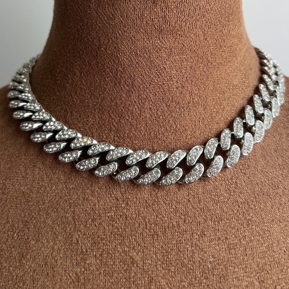 Silver Rhinestone Iced Out Cuban Link Choker Necklace 16" Streetwear‎